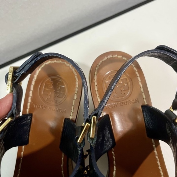 Tory Burch Dale Cork Wedge Size 8M Gold Spike Leather Thong Sandals - Picture 9 of 10